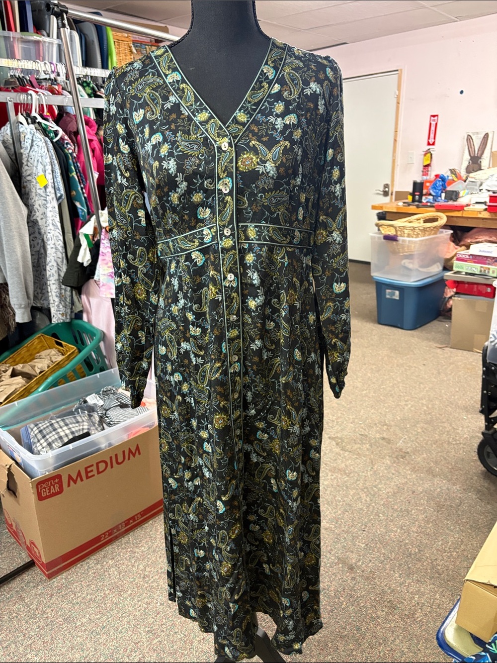 Black Floral Long Sleeve Maxi Dress with Green Trim